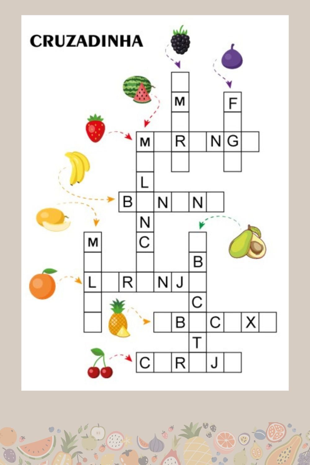 cruzadinha de frutas para completar com as vogais