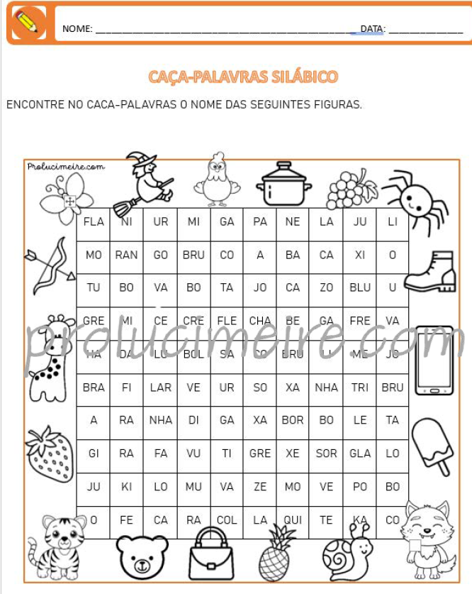 atividade de caça-palavras silábico para crianças em alfabetização