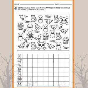 ATIVIDADE DE MATEMÁTICA COM FIGURAS DO TEMA HALLOWEEN PARA CONTAGEM E PINTURA DO GRÁFICO